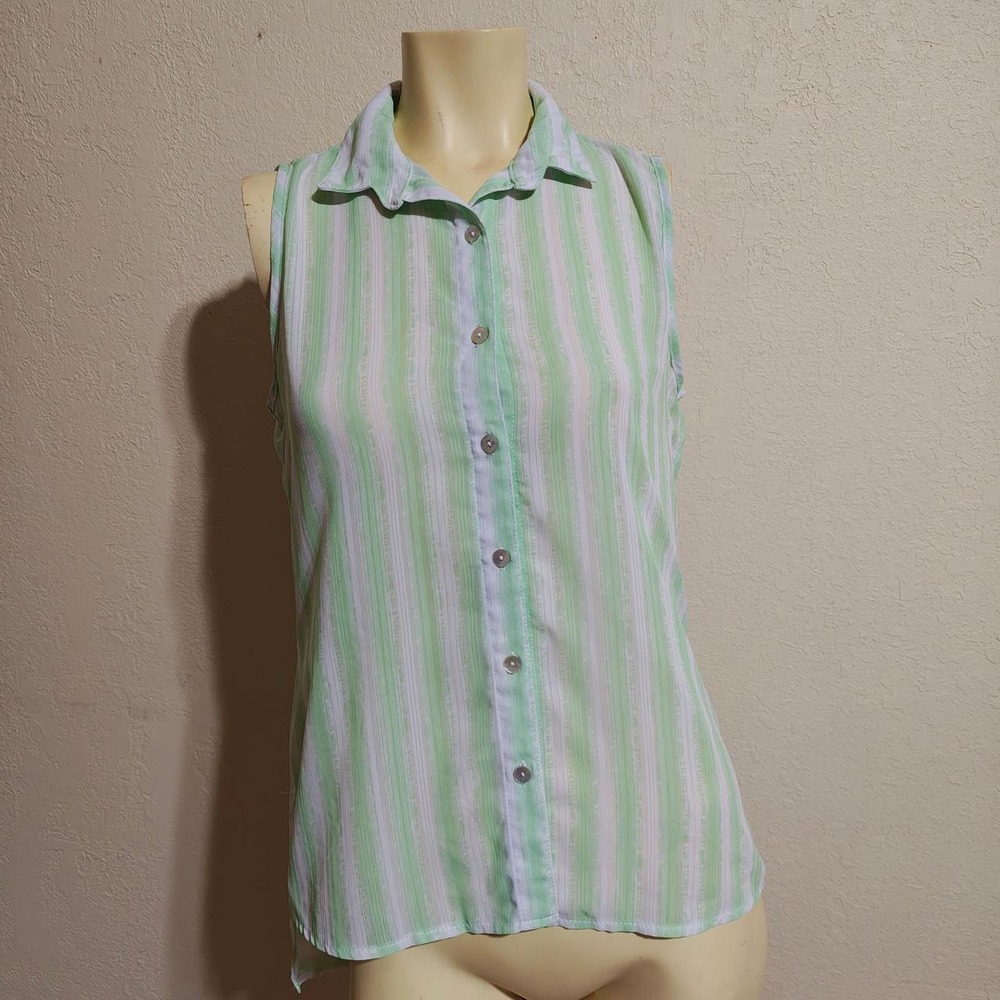Contempo Green White Striped Sleeveless Button Up Blouse Ruffle Collar Small